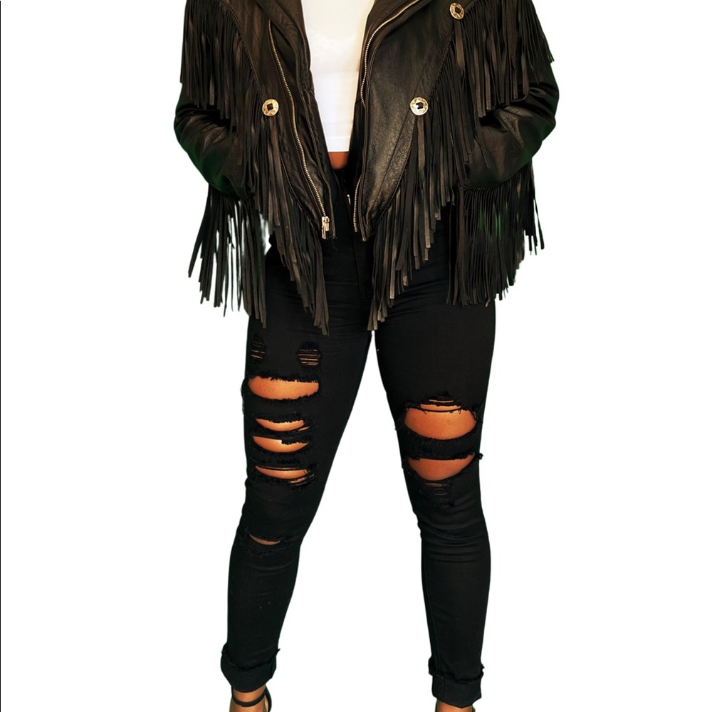 Vintage Leather Jacket with Fringe Detail - Picture 8 of 9